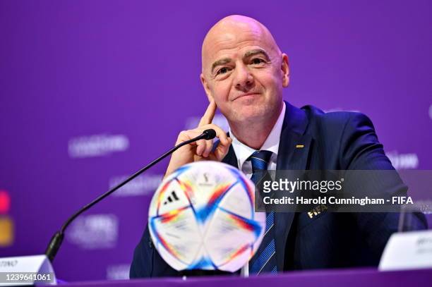 President Gianni Infantino during a press conference after the 72nd FIFA Congress at Doha Exhibition and Convention Center on March 31, 2022 in Doha,...