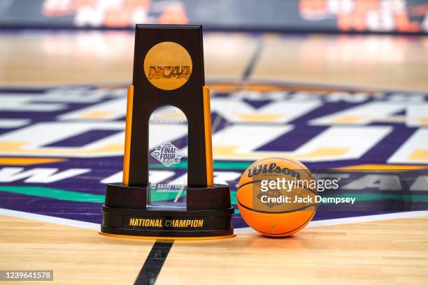 The Men's Basketball Division 1 National Championship Trophy is displayed on the court ahead of the Final Four during the NCAA Men's Basketball...