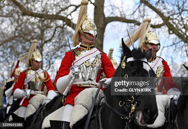 Life Guards, a unit of the Household Cavalry Mounted Regiment, take part in The Major General's annual Inspection of their regiment in Hyde Park,...