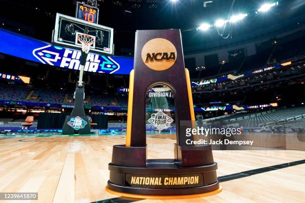The Men's Basketball Division 1 National Championship Trophy is displayed on the court ahead of the Final Four during the NCAA Men's Basketball...