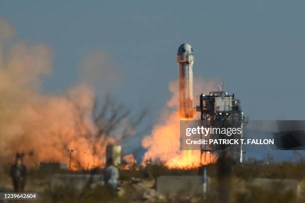 Blue Origin New Shepard rocket launches from Launch Site One in West Texas north of Van Horn on March 31, 2022. The NS-20 mission carries Blue...