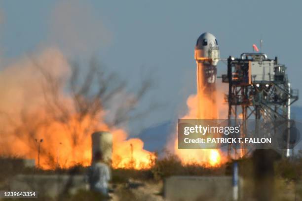 Blue Origin New Shepard rocket launches from Launch Site One in West Texas north of Van Horn on March 31, 2022. The NS-20 mission carries Blue...