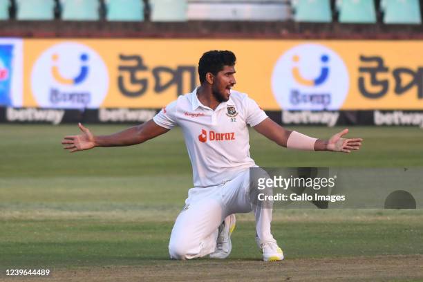 Khaled Ahmed of Bangladesh appeals during day 1 of the 1st ICC WTC2 Betway Test match between South Africa and Bangladesh at Hollywoodbets Kingsmead...