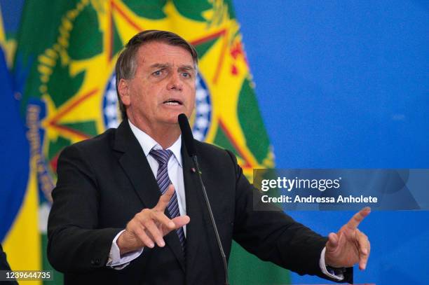 President of Brazil Jair Bolsonaro speaks during a farewell ceremony for outgoing ministers on March 31, 2022 in Brasilia, Brazil. Bolsonaro's...