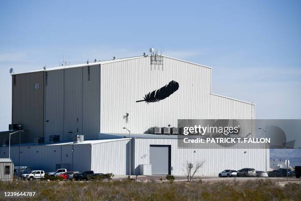 The Blue Origin logo is displayed on a building following a successful Blue Origin New Shepard rocket launch from Launch Site One in West Texas north...