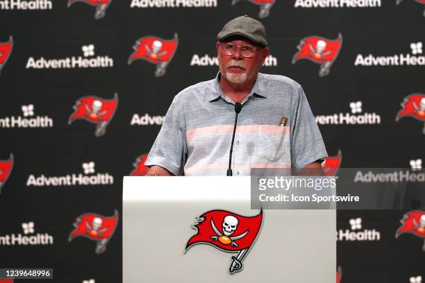 Former Head Coach Bruce Arians addresses the media during the press conference with former Head Coach Bruce Arians and newly named Head Coach Todd...