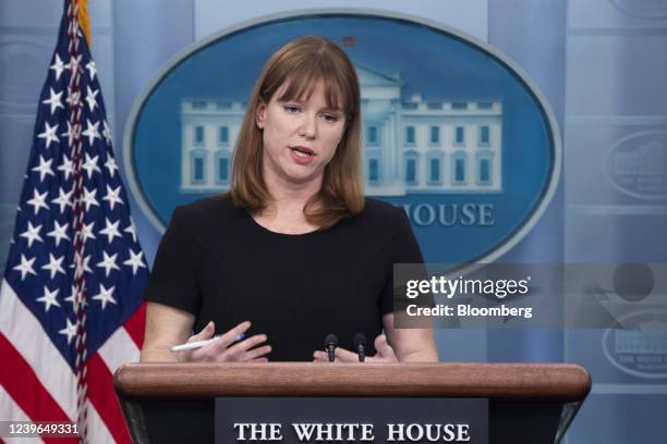 Kate Bedingfield, White House director of communications, speaks during a news conference in the James S. Brady Press Briefing Room at the White...