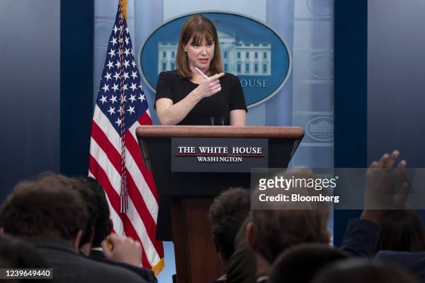 Kate Bedingfield, White House director of communications, speaks during a news conference in the James S. Brady Press Briefing Room at the White...