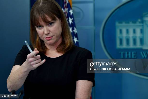 White House Director of Communications Kate Bedingfield speaks during a briefing in the James S. Brady Press Briefing Room of the White House in...