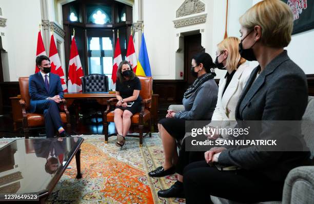 Prime Minister Justin Trudeau meets with a delegation of Ukrainian member's of Parliament in his office on Parliament Hill in Ottawa, Canada on March...