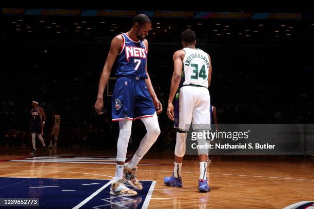 Kevin Durant of the Brooklyn Nets smiles during the game against the Milwaukee Bucks on March 31, 2022 at Barclays Center in Brooklyn, New York. NOTE...