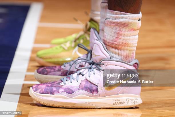 The sneakers worn by Kyrie Irving of the Brooklyn Nets during the game against the Milwaukee Bucks on March 31, 2022 at Barclays Center in Brooklyn,...