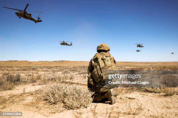 Soldier watches as cavalry scouts with the 2nd Stryker Brigade Combat Team prepare to land in Blackhawk helicopters during Operation Steel Eagle on...