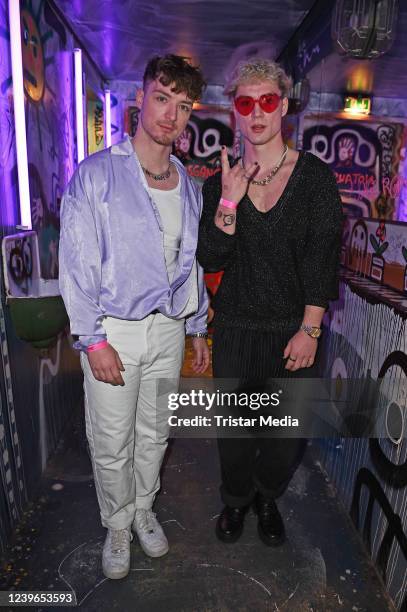 Roman Lochmann and Heiko Lochmann of the duo HE/RO during the twenty4tim "Bling Bling" record release-party at Kunstbar on March 31, 2022 in Cologne,...