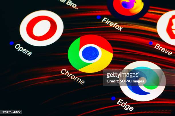 In this photo illustration the Vivaldi, Firefox, Brave, Opera, Google Chrome and Microsoft Edge app icons seen displayed on a smartphone screen.