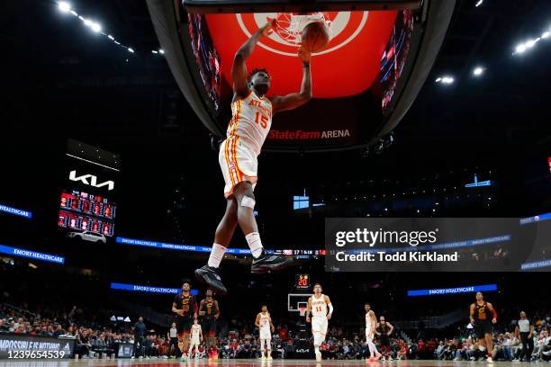 Clint Capela of the Atlanta Hawks dunks during the first half against the Cleveland Cavaliers at State Farm Arena on March 31, 2022 in Atlanta,...