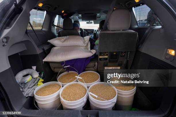 Buckets of wheat are seen in a minivan on March 31, 2022 in Sugar City, Idaho. Nathan and Jamie Ashcraft's business the "Food Dudes," held a sale of...