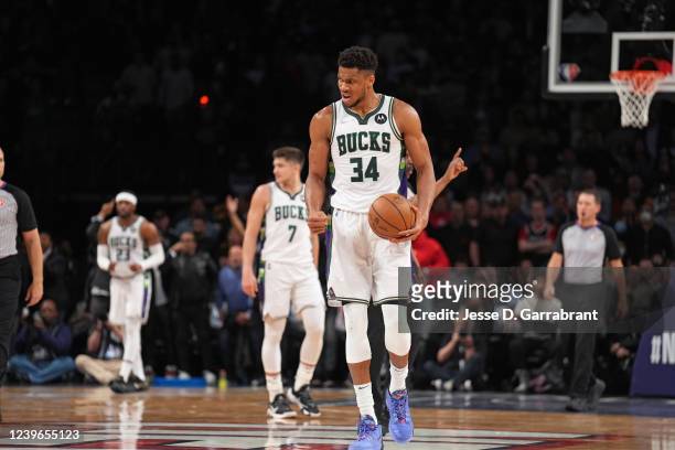 Giannis Antetokounmpo of the Milwaukee Bucks reacts after a game against the Brooklyn Nets on March 31, 2022 at Barclays Center in Brooklyn, New...