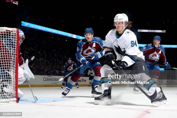 Alexander Barabanov of the San Jose Sharks skates against Cale Makar of the Colorado Avalanche at Ball Arena on March 31, 2022 in Denver, Colorado....
