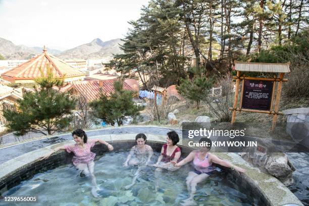 In this photo taken on March 31 guests use a hot spring bath at the Yangdok Hot Spring Resort in Yangdok County, South Phyongan Province.