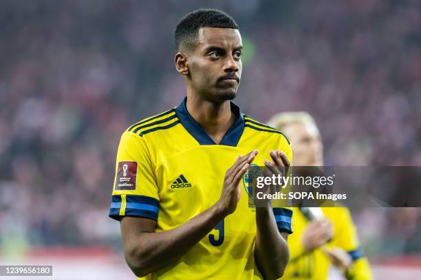 Alexander Isak of Sweden claps after the 2022 FIFA World Cup Qualifier knockout round play-off match between Poland and Sweden at Silesian Stadium in...