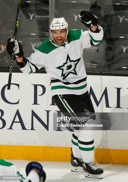 Andrej Sekera of the Dallas Stars celebrates goal during the third period against the Anaheim Ducks at Honda Center on March 31, 2022 in Anaheim,...