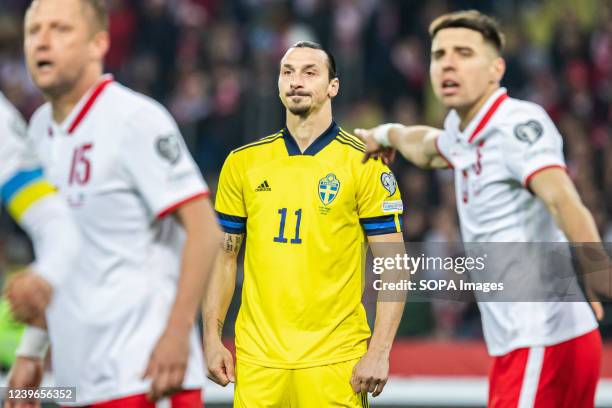 Zlatan Ibrahimovic of Sweden seen in action during the 2022 FIFA World Cup Qualifier knockout round play-off match between Poland and Sweden at...