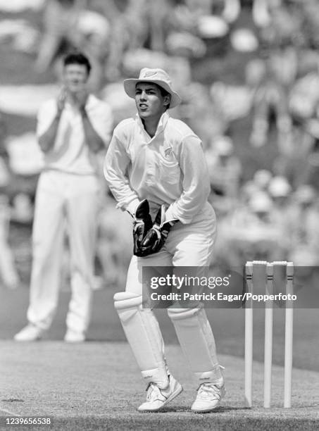 New Zealand wicketkeeper Adam Parore taking a throw from the outfield during the tour match between Lavinia, Duchess of Norfolk's XI and New Zealand...