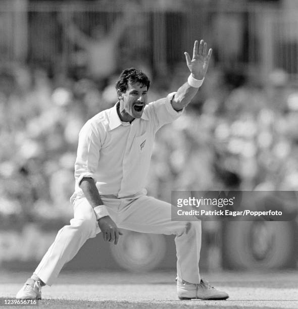 Richard Hadlee of New Zealand appeals for a wicket while bowling in the 2nd Texaco Trophy One Day International between England and New Zealand at...