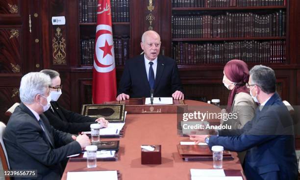 Tunisian President Kais Saied meet with Prime Minister Najla Bouden , Minister of Justice Leila Jaffel , Minister of National Defense Imed Memmich...