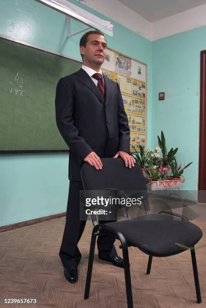 Picture taken 01 September 2006 shows theN first Vice Premier and Russia's presidential candidate Dmitry Medvedev as he visits his school Number 305...