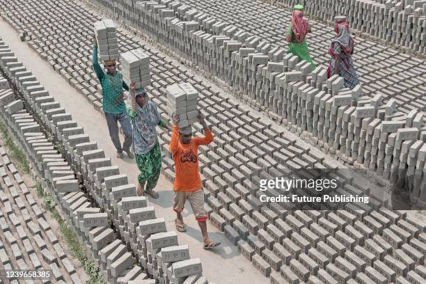 Workers carry stacks of bricks on their heads through a lot in Narayanganj, Bangladesh, on March 31, 2022. Brick labourers work 12-14 hours a day,...