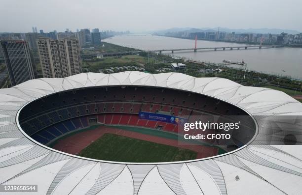 An aerial view of the main stadium of the Hangzhou Olympic Sports Center, the main venue of the 2022 Asian Games, in Hangzhou, Zhejiang Province,...