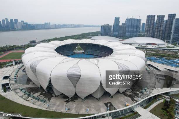 This aerial photo taken on April 1, 2022 shows the Hangzhou Olympic Sports Centre Stadium, main stadium of the 19th Asian Games, in Hangzhou in...