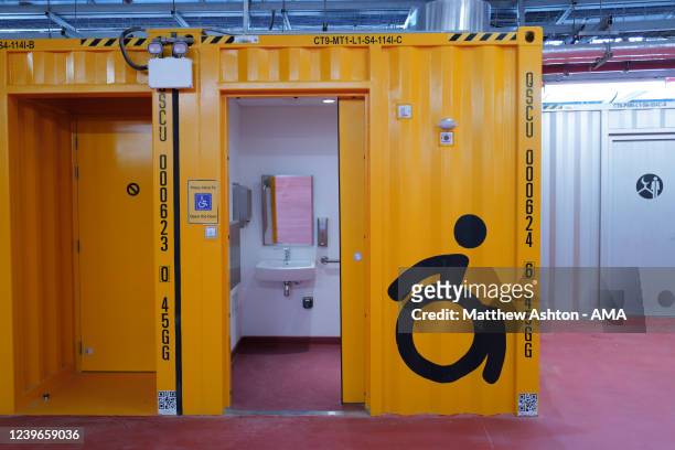 General view of a disabled persons toilet cubicle is seen next to a Prayer room on the concourse inside Stadium 974 a host venue for the Qatar 2022...