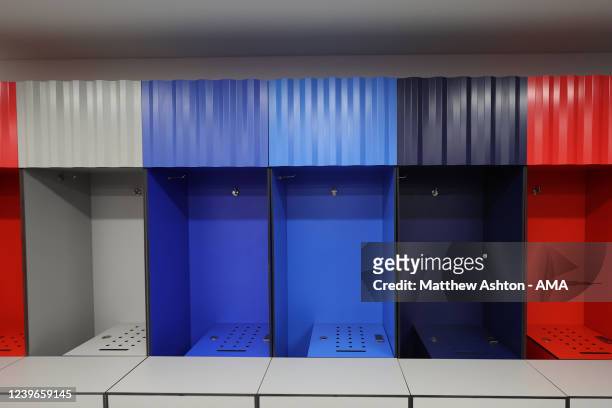 An internal general view of the changing / dressing rooms at Stadium 974 a host venue for the Qatar 2022 FIFA World Cup in Doha. Built on the shore...