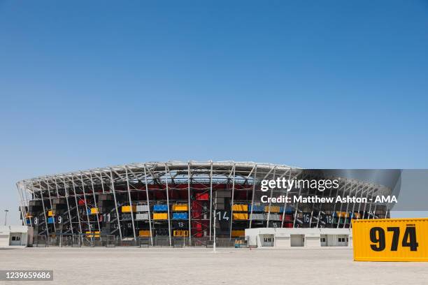 An exterior general view of the Stadium 974 a host venue for the Qatar 2022 FIFA World Cup in Doha. Built on the shore of the Gulf in the east of...