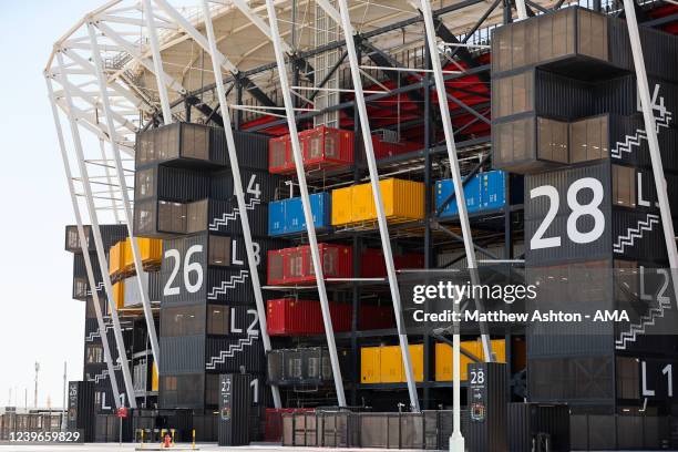 An exterior detail general view of shipping containers at the Stadium 974 a host venue for the Qatar 2022 FIFA World Cup in Doha. Built on the shore...