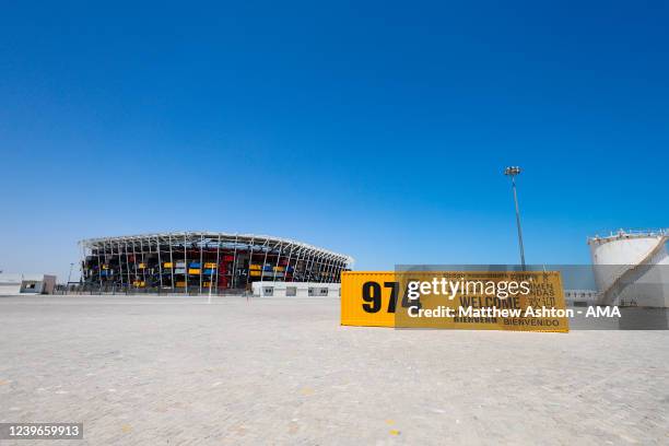 An exterior general view of the Stadium 974 a host venue for the Qatar 2022 FIFA World Cup in Doha. Built on the shore of the Gulf in the east of...