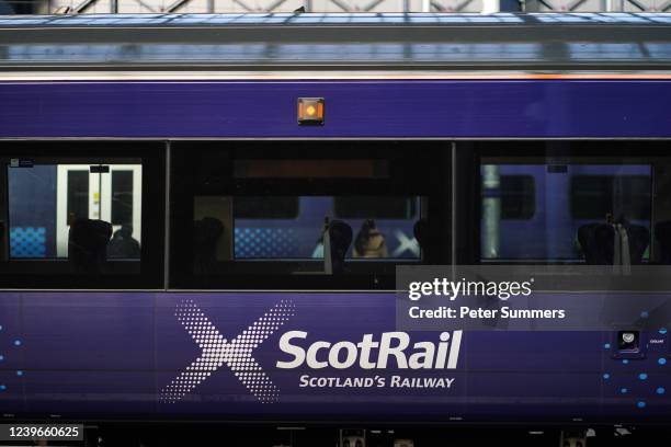 ScotRail trains are seen sitting in Glasgow Queen Street station on April 1, 2022 in Glasgow, Scotland. Scotland's national train operating company...