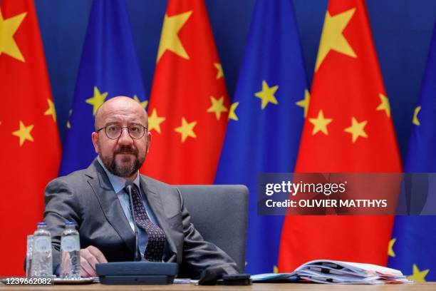 European Council President Charles Michel arrives prior to a video-conference with China's President and European Commission President during a EU...