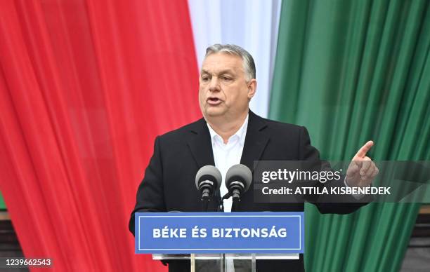 Hungarian Prime Minister Viktor Orban speaks on stage during the closing campaign session of the FIDESZ party, in Szekesfehervar, Hungary on April 1,...