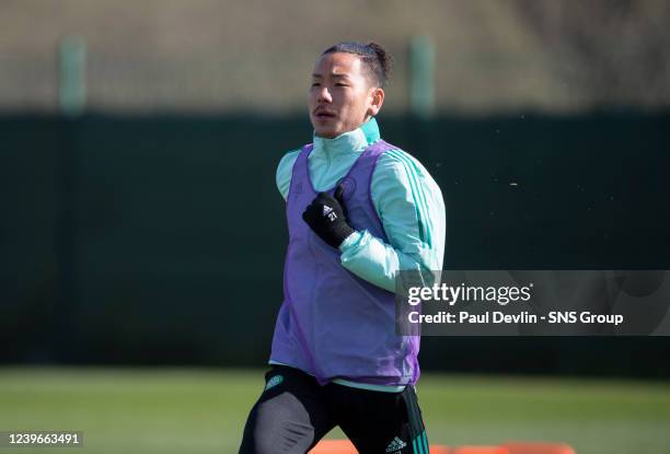 Yosuke Ideguchi during a Celtic training session at Lennontown, on April 01 in Lennoxtown, Scotland.