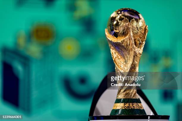 World Cup trophy is seen ahead of final preparations for the 2022 FIFA World Cup draw at Doha Exhibition and Convention Center in Doha, Qatar on...