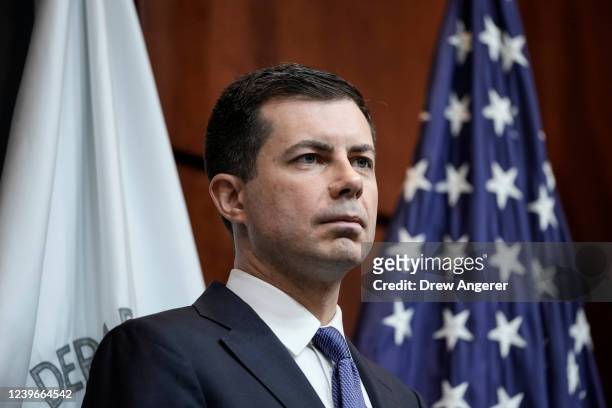 Secretary of Transportation Pete Buttigieg speaks during an event about fuel economy standards at the headquarters of the Department of...