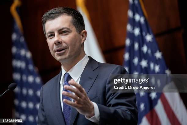 Secretary of Transportation Pete Buttigieg speaks during an event about fuel economy standards at the headquarters of the Department of...