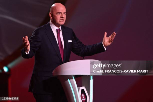 President Gianni Infantino speaks during the draw for the 2022 World Cup in Qatar at the Doha Exhibition and Convention Center on April 1, 2022.