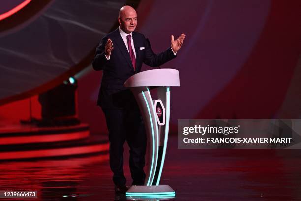 President Gianni Infantino speaks during the draw for the 2022 World Cup in Qatar at the Doha Exhibition and Convention Center on April 1, 2022.