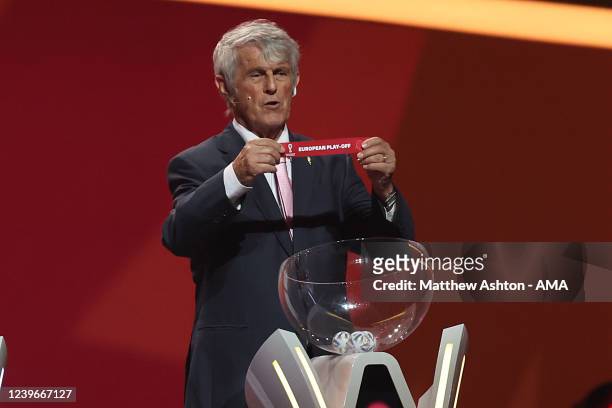 European Play Off winner is pulled out by Bora Milutinovic during the FIFA World Cup Qatar 2022 Final Draw at Doha Exhibition Center on April 1, 2022...