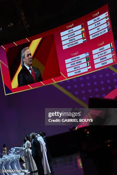 An image of former Algerian footballer Rabah Madjer is displayed next to nations' groups during the draw for the 2022 World Cup in Qatar at the Doha...